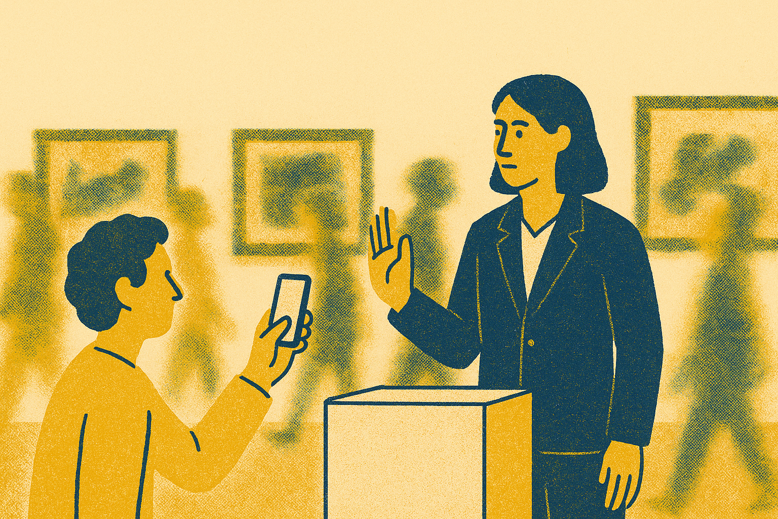 Gallery attendant politely blocking a visitor's phone at an art fair