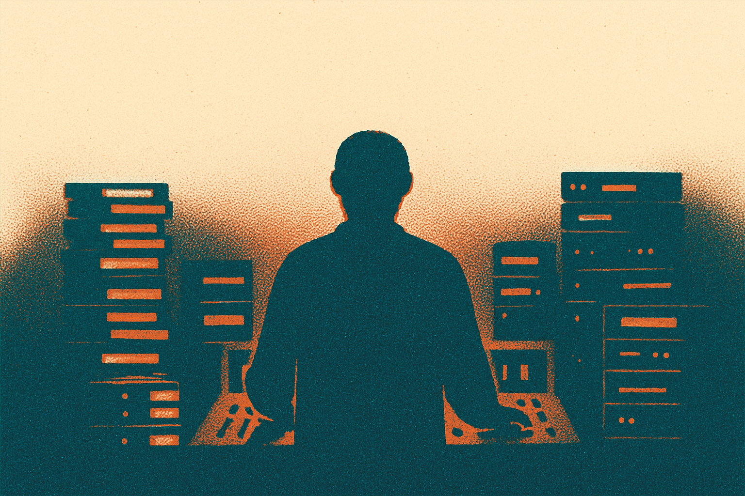 Figure at recording console surrounded by archive tapes and drives.
