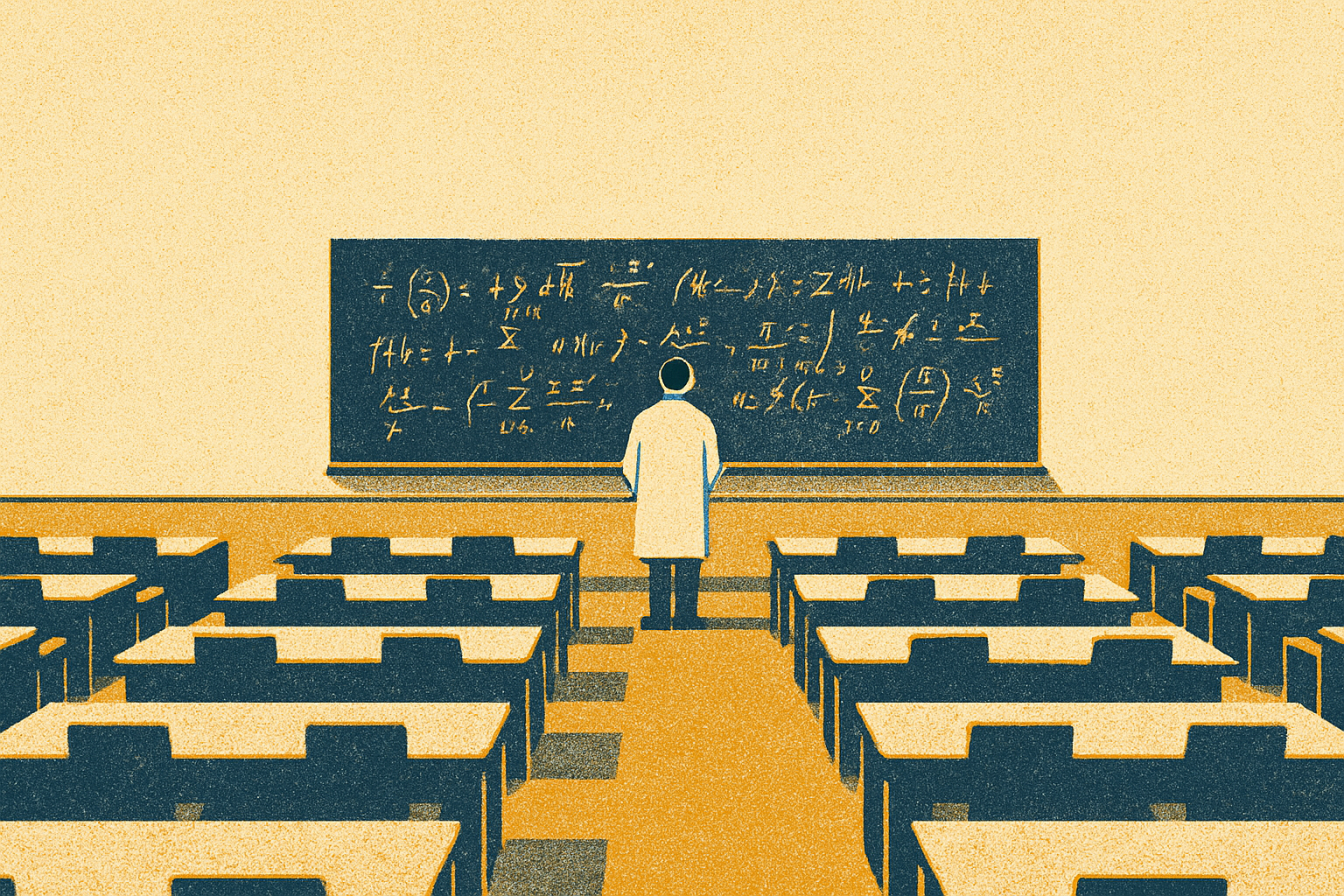 Empty trading floor with solitary researcher at equation wall