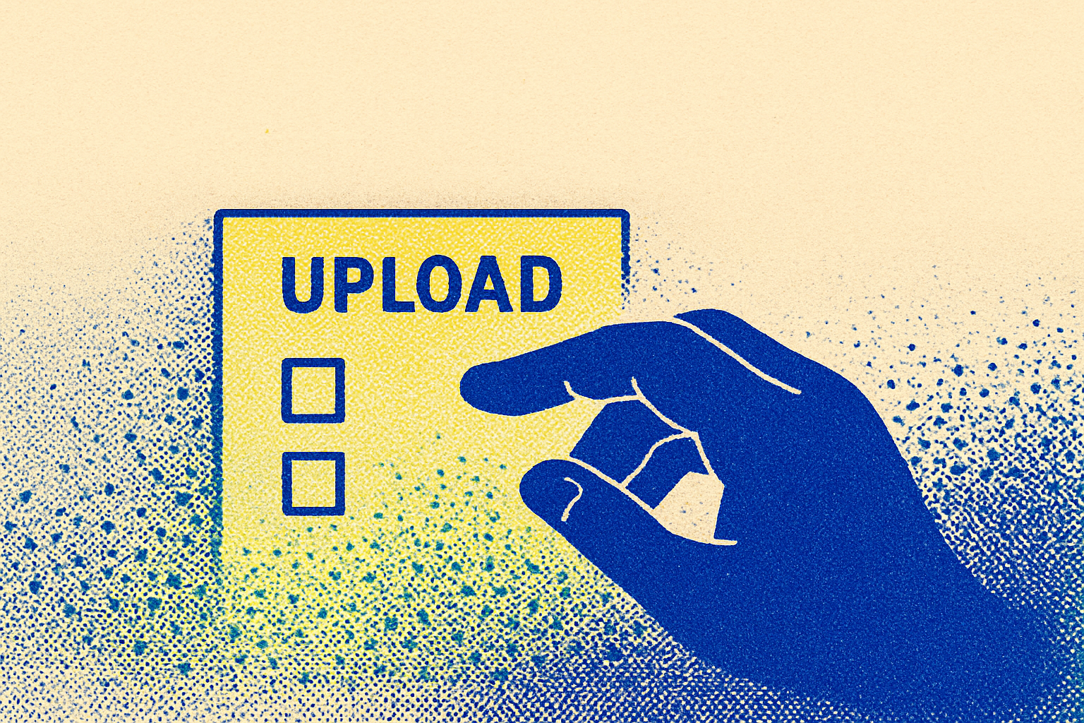Hand above two checkboxes on a glowing form, interface dissolving into scattered halftone dots.